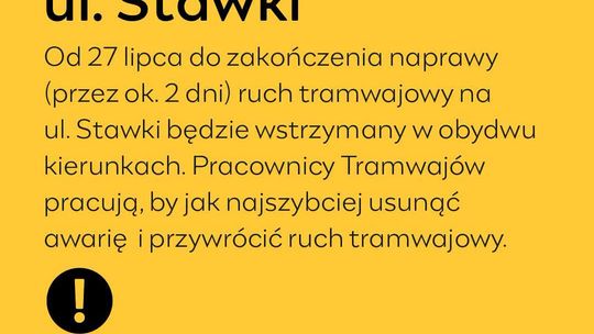 Awaria torowiska na ulicy Stawki. Tramwaje nie kursują w obu kierunkach.