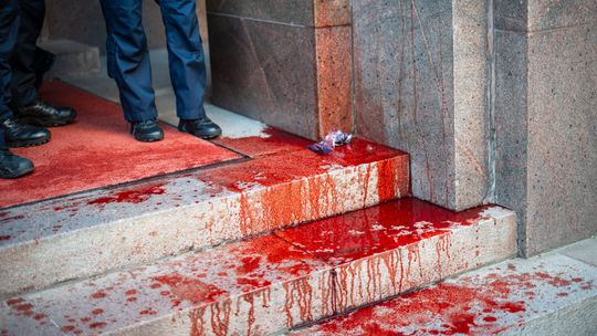 Protest „Solidarni z Palestyną” w Warszawie. Wybili szyby i oblali MSZ farbą