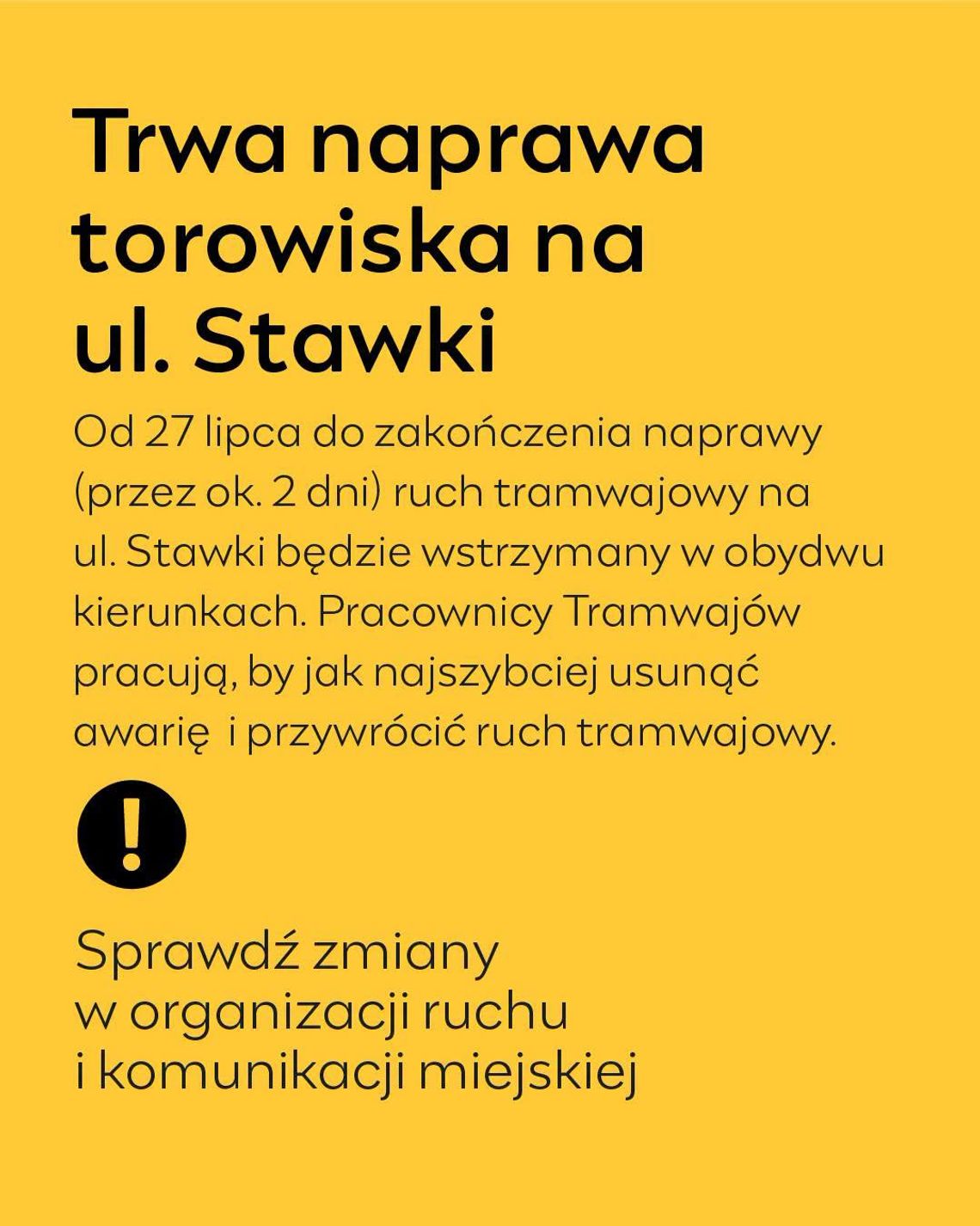 Awaria torowiska na ulicy Stawki. Tramwaje nie kursują w obu kierunkach.