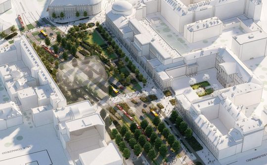 Widok z lotu ptaka na planowane nowe zagospodarowanie Placu Bankowego