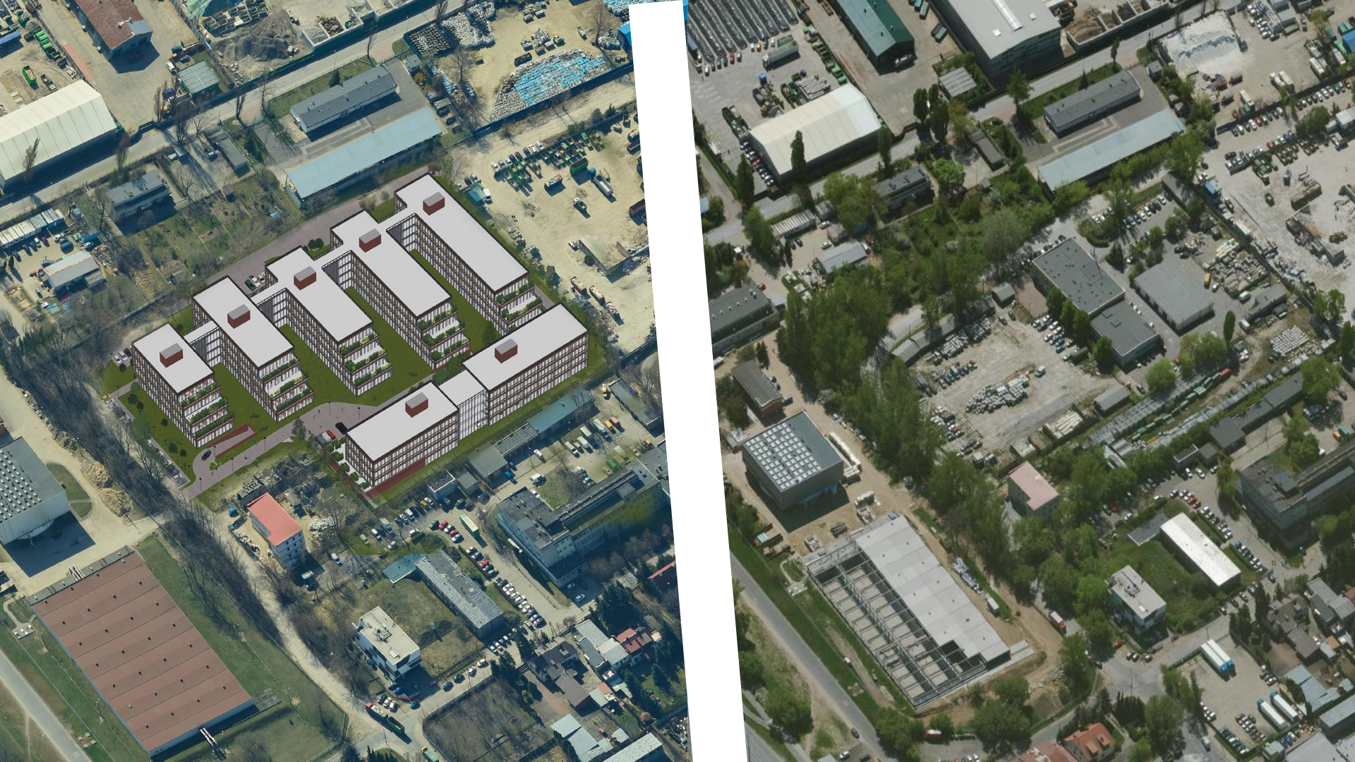 Po lewej wizualizacja Office Park Gołdapska, po prawej stan obecny